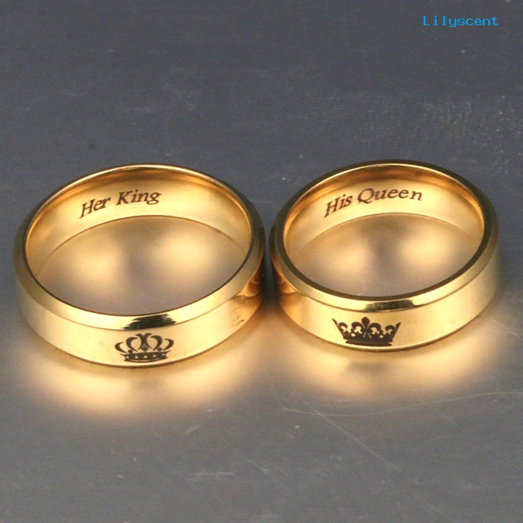 [LS] Cincin Pasangan His Queen Her King Crown Bahan Titanium Steel Huruf Ukiran Kekasih Cincin Perhiasan Untuk Tunangan