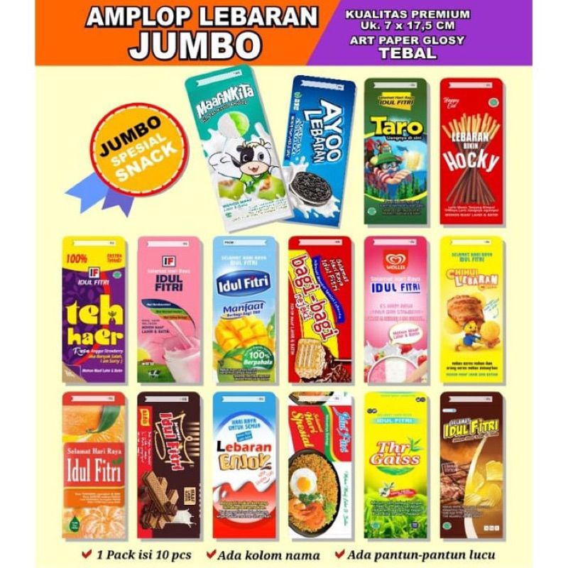 

[10 pcs amplop jadi] Amplop Lebaran 2023 Motif Snack Jumbo edisi pantun lebaran