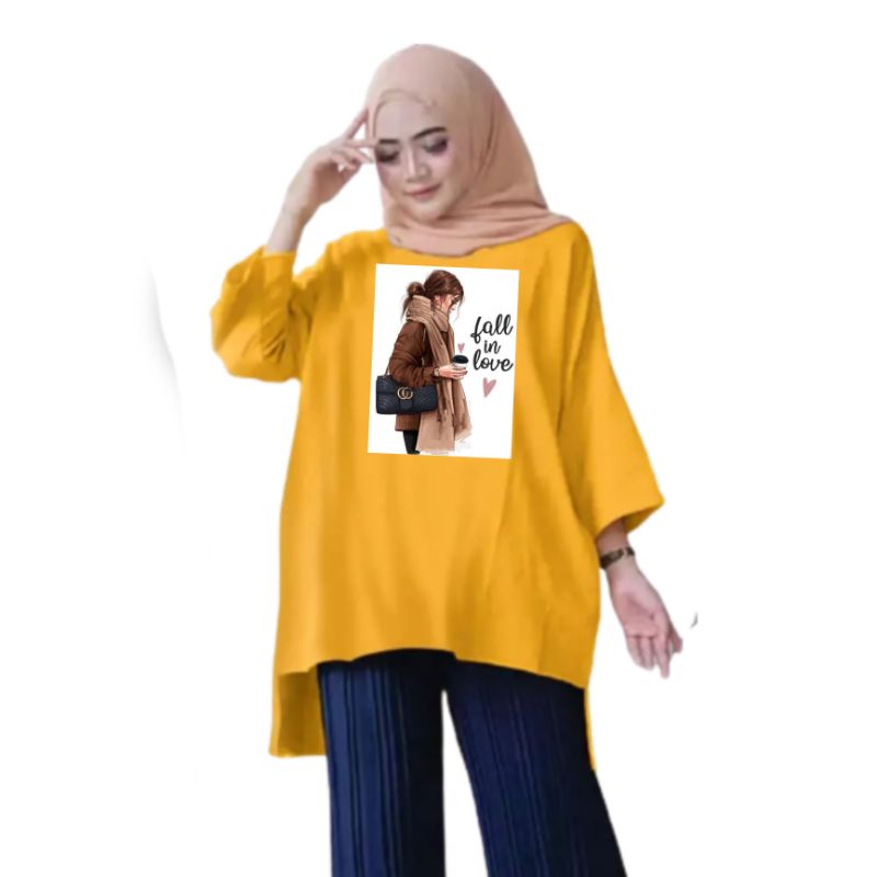 Atasan Baju Tunik Kaos Wanita Oversize LD 130 Cm Terbaru 2023 Viral Gambar DTF Bahan Kaos Babyterry . Atasan Baju Wanita Santai Tunik Wanita Dewasa Cewek Jumbo Kekinian Murah Big Size Fall In Love