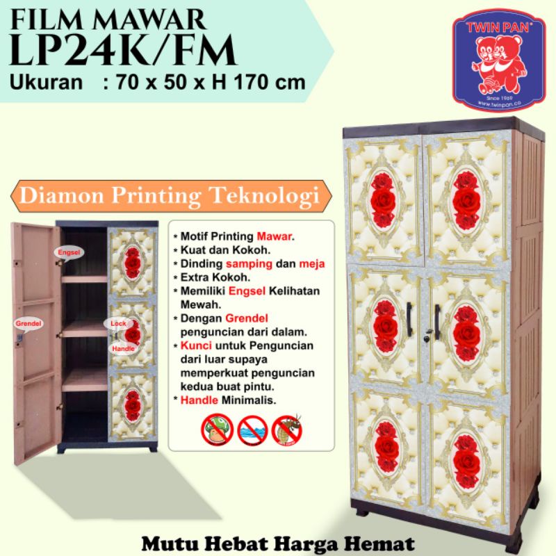 Lemari Plastik Twinpan 4 Tingkat 4 Susun Pintu Panjang Kunci