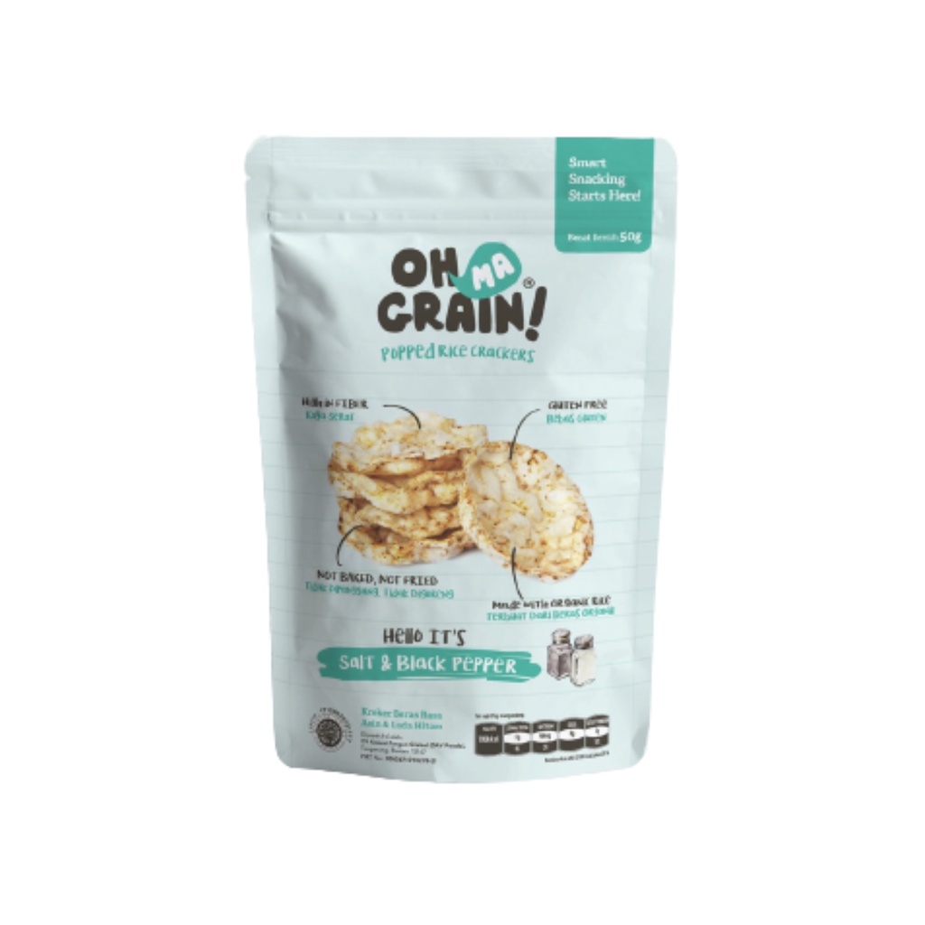 Oh Ma Grain! Popped Rice Crackers Salt &amp; Black Pepper Snack Makanan Ringan 50gr