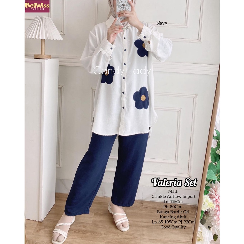 VALERIA SET SETELAN ONE SET SETCEL BLOUSE PANTS WANITA CASUAL MOTIF BUNGA BAHAN CRINKLE AIRFLOW IMPO