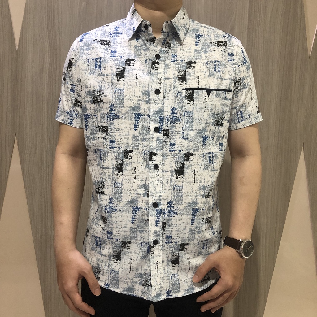 [GRIDLINE - S408 Ocean Navy] Kemeja Print Pria Lengan Pendek Slimfit FULL KATUN Tebal Adem Simpel