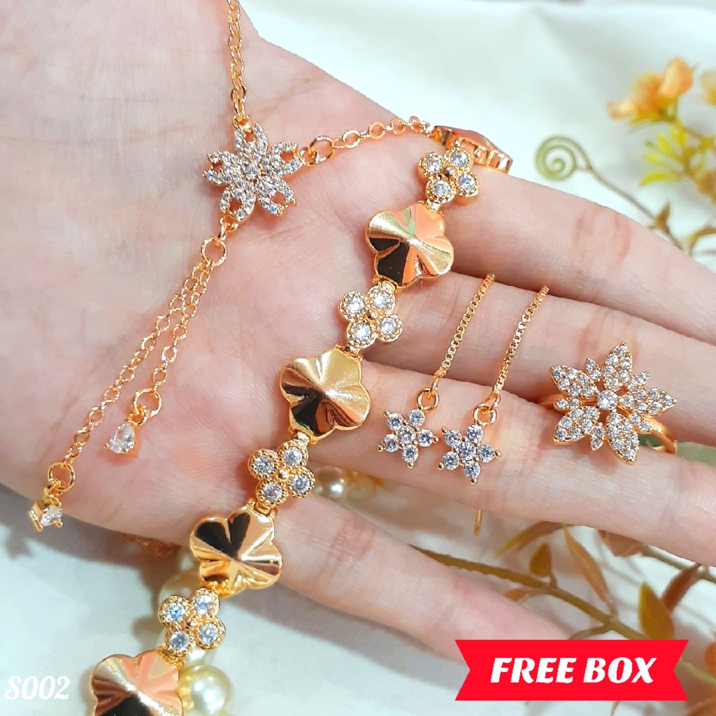 PGX Set Perhiasan Xuping Cincin Gelang Kalung Anting Lapis Emas - S002