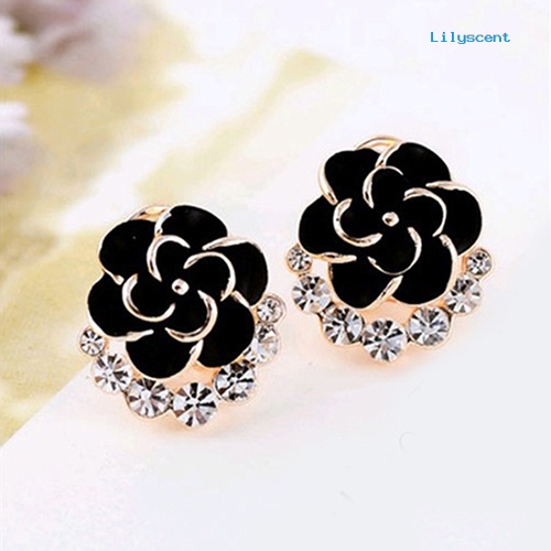 [LS] Wanita Peony Camellia Bunga Berlian Imitasi Alloy Ear Stud Earrings Perhiasan Pesta