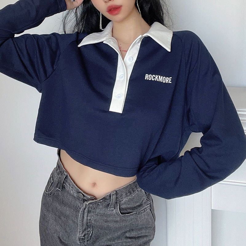 ○IAMHOTTY Gaya Korea Manis dan Pedas Warna Kontras Huruf Polo Kerah Tipis Sweater Wanita Awal Musim Gugur All-Match Atasan Kasual Longgar