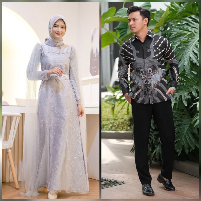 BATIK EXPRESS | Baju Couple Pasangan Gamis Amera Brukat Tulle Mutiara Couple Dress Kondangan Lamaran Baju Couple Lebaran Maxi Dress Modern