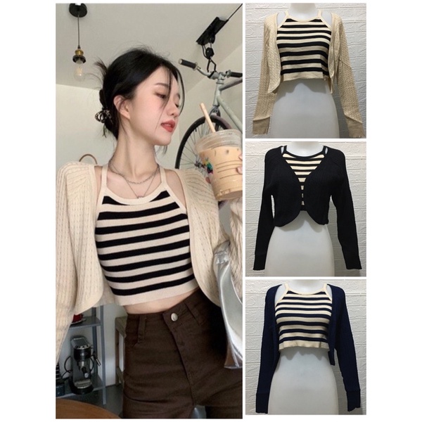 Cardigan Set Stripe Knit 2 in 1 Crop