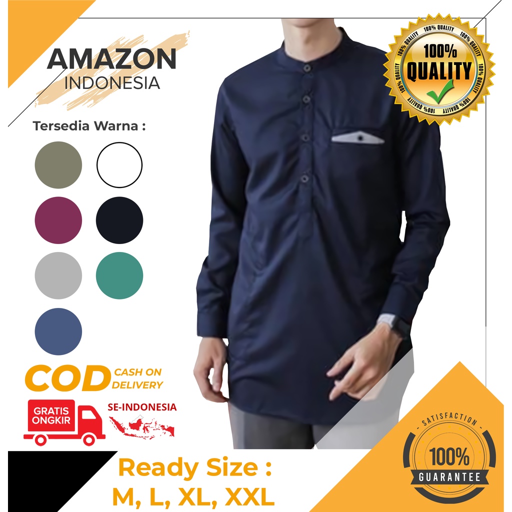 Baju Koko Kurta Dewasa Lengan Panjang Material Catton Adem Serap Keringat Warna Navy