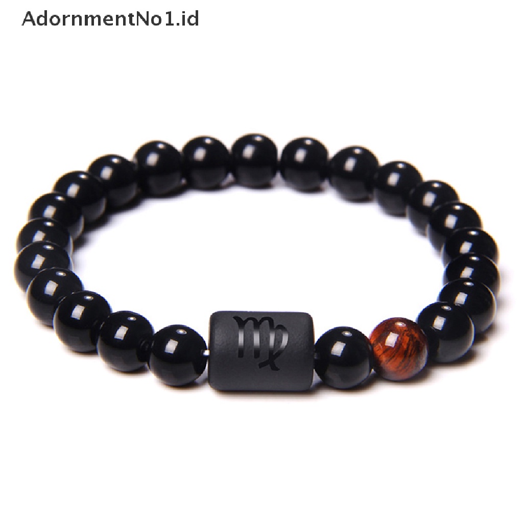 [AdornmentNo1] 12stelasi Zodiak Tanda Manik-Manik Gelang Pasangan Batu Onyx Hitam Alami Elastis Pesona Gelang Untuk Wanita Pria [ID]