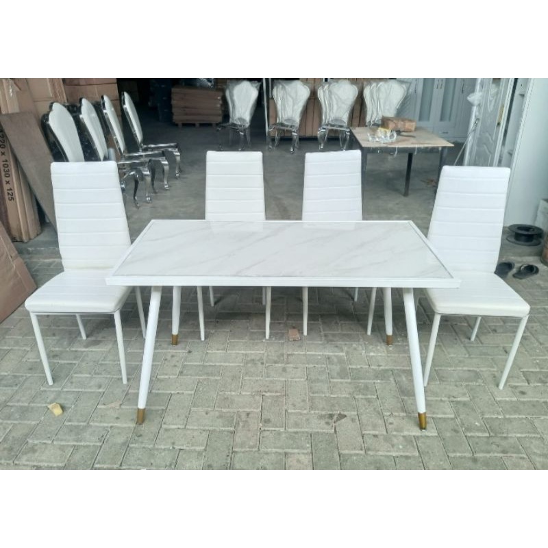 (Free Ongkir Jadetabek)TERLARIS Meja Makan Marmer Minimalis Set 4 Kursi Rangka Besi Dining Table