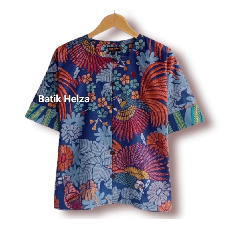 Blouse batik warna biru Dongker lengan pendek
