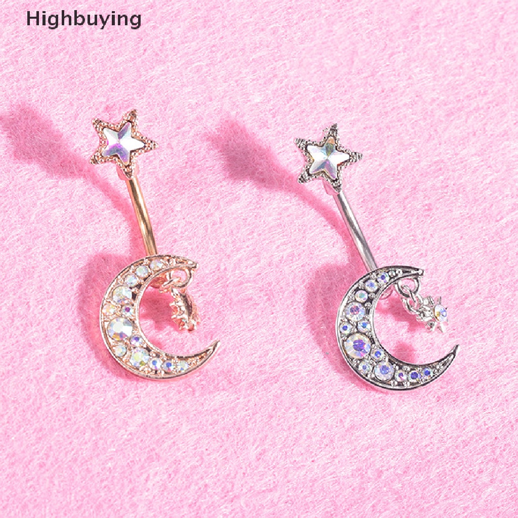 Hbid Cincin Pusar Belly Button Bar Kristal Bulan Bintang Menjuntai Perhiasan Tubuh Glory