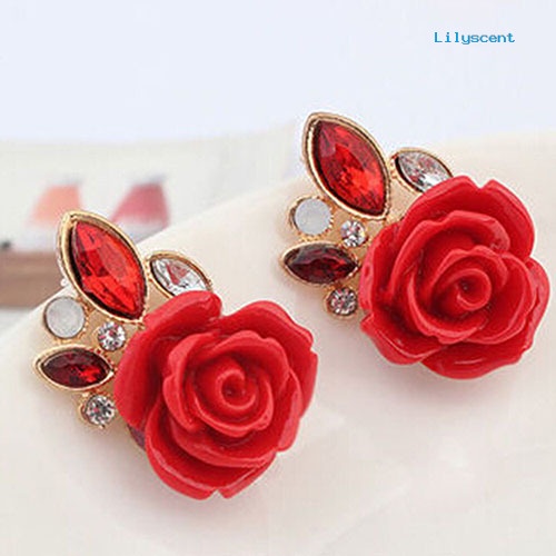 [LS] Wanita Retro Elegan Bunga Mawar Berlian Imitasi Hias Telinga Studs Earrings Hadiah