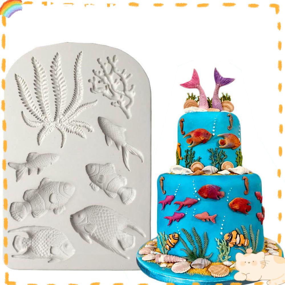 Solighter Ocean Cetakan Silikon Home &amp; Kitchen Fondant Sugarcraft Ikan Rumput Laut Alat Dekorasi Kue