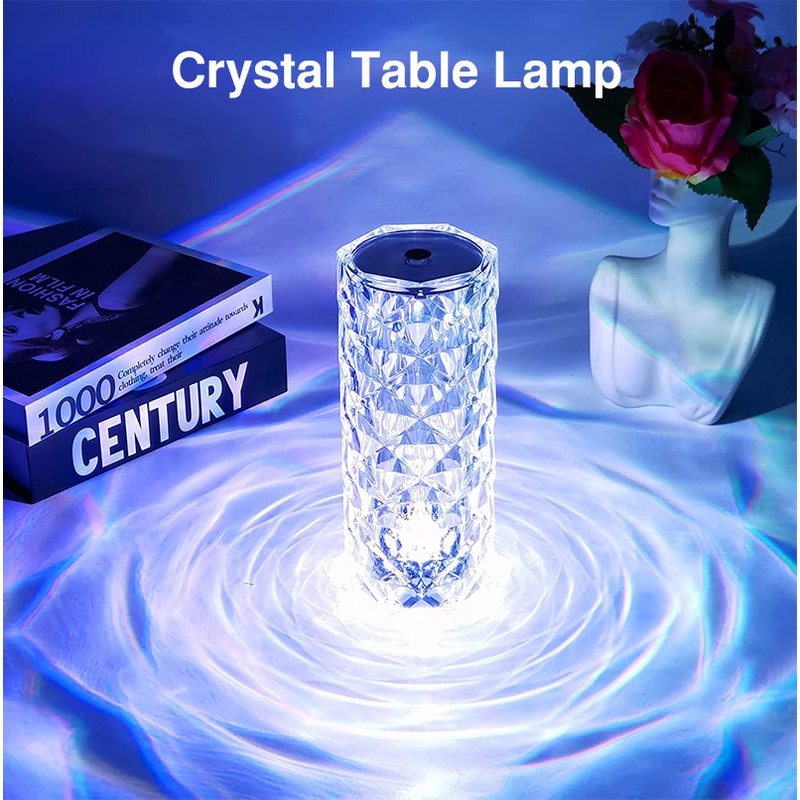LED Lampu Meja Kristal Rose Light Projector 16 Colors Touch Adjustable Romantic Diamond Atmosphere Light Touch Night Light