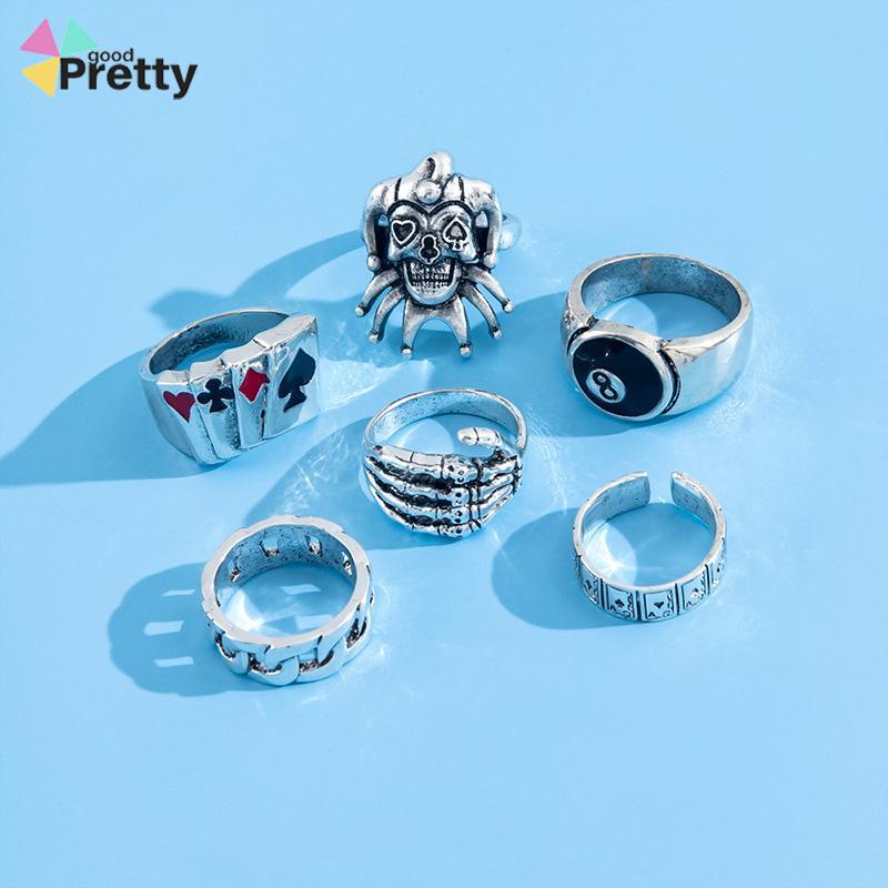 6PCS/Set Cincin Unisex  Punk Membesar-besarkan  Badut Poker Cakar Hantu Tengkorak  Perhiasan Bulat Nomor 8 - PD