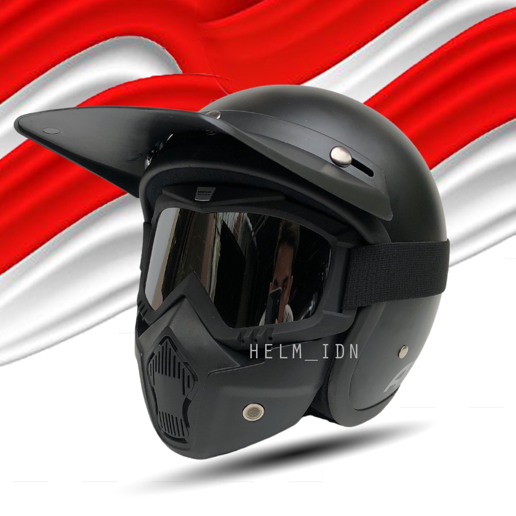 Helm Indonesia Helm Bogo Dewasa Helm Retro Polos Kacamata Google Mask Pet Panjang
