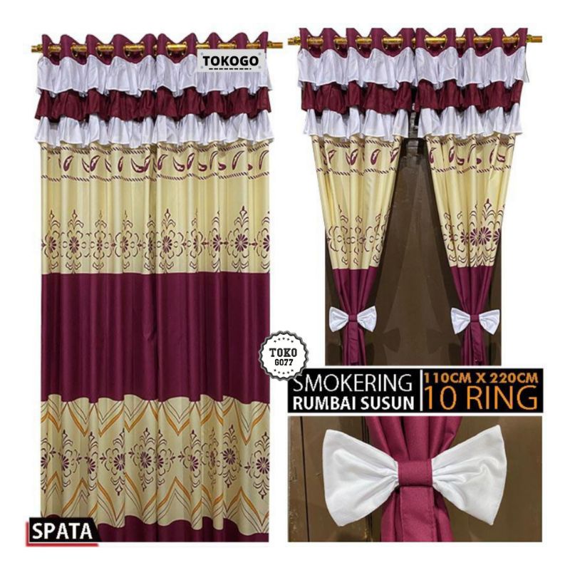 Paket Couple Gorden Smokering 12 Lubang Motif Spata [ Tirai Serut Rumbai Jendela Pintu Minimalis ] Korden Susun Rumbai