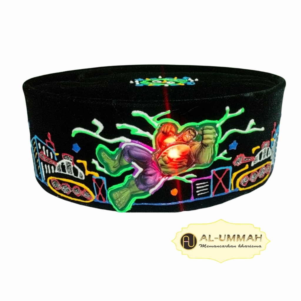 Peci Songkok Hitam Motif karakter anak HULK Tinggi 9 kopiah Gambar beludru halus untuk Anak