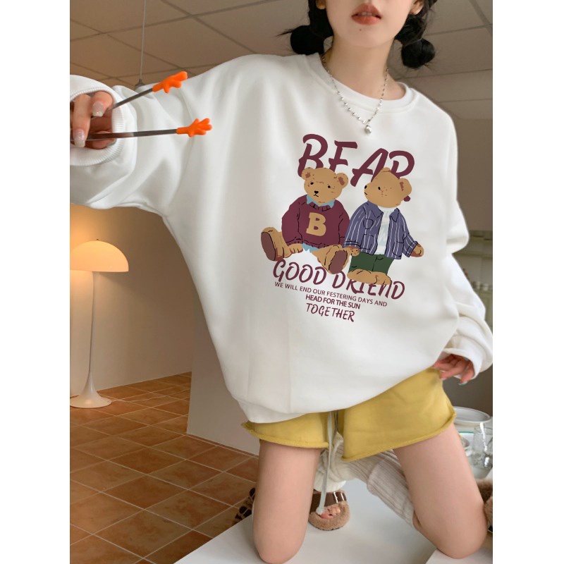 EUNII Sweater Lengan Panjang Red Cartoon Plush Bear Korean Style/Sweater Crop/Baju Wanita/Switer Wanita/Switer