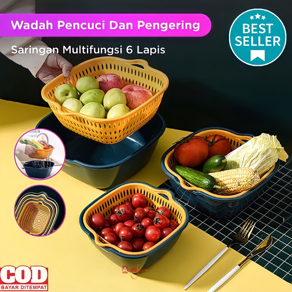 ( BISA COD ) PROMO WADAH BASKOM PENCUCI DAN PENGERING SAYUR 6 IN 1 / SARINGAN BUAH &amp; SAYUR / SARINGAN MULTIFUNGSI / BASKOM PENCUCI BUAH 6 LAPIS / KERANJANG SARINGAN BUAH &amp; SAYUR