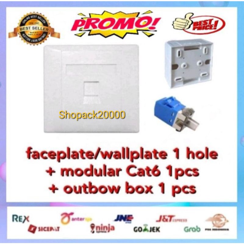 Faceplate/Wallplate UTP/RJ45/LAN 1Port/Hole + Modular Cat 6 +OutBow Box