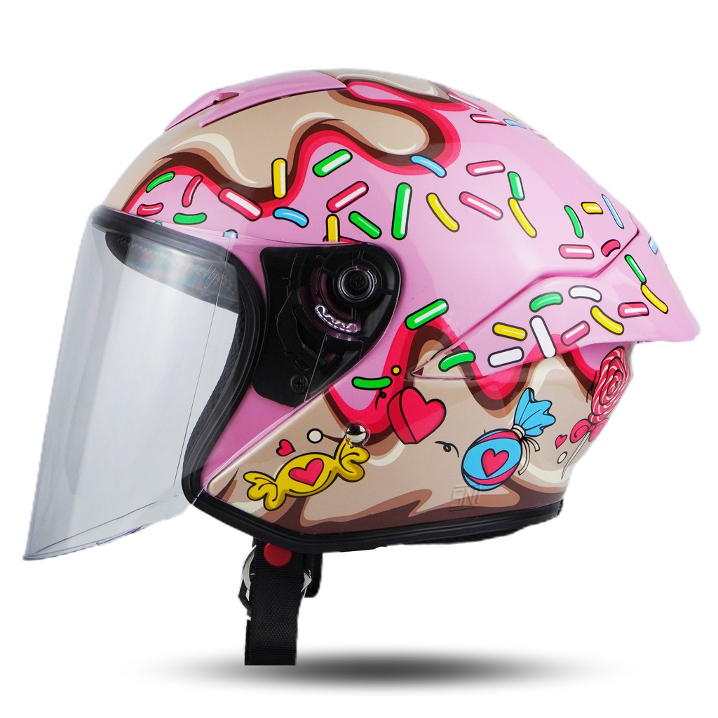 Helm JS1 Half Face Motif Candies Hitam Pink SNI Terbaru