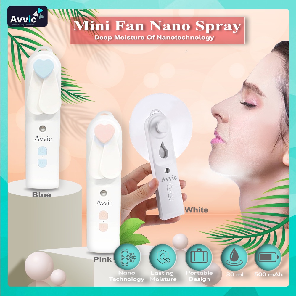 AVVIC Kipas Angin Mini Mist Nano Spray 2in1 Humidifier Pocket Fan 2 Speed Portable USB Rechargeable