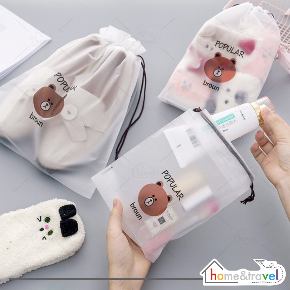 HOVELSHOP Tas Pouch Travel Beruang Organizer Model Serut Tempat Sabun Make Up Waterproof