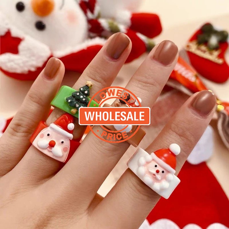 [Harga Grosir]Cincin Desain Kartun Hewan Rusa Santa Claus Pohon Natal Bahan Resin Akrilik Untuk Wanita