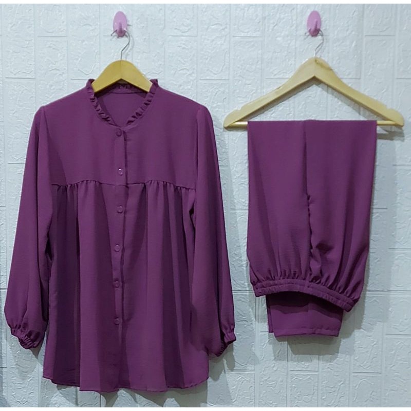 ONE SET RAYON CRINKLE AIRFLOW SETELAN // SETELAN RAYON CRINKLE AIRFLOW// DRESS RAYON // SETELAN RAYON  //BUSUI FRIENDLY//PIYAMA//PREMIUM//HOMEY//BUSUI-Purple