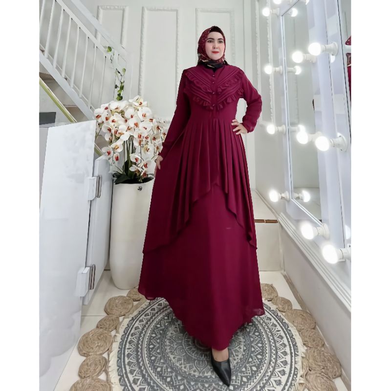 MAUDY DRESS CERUTY BABYDOLL FULL FURRING/GAMIS MUSLIM WANITA TREN KEKINIAN BUSUI/BAJU GAMIS LEBARAN TERBARU/FAR MOSLEMSTORE