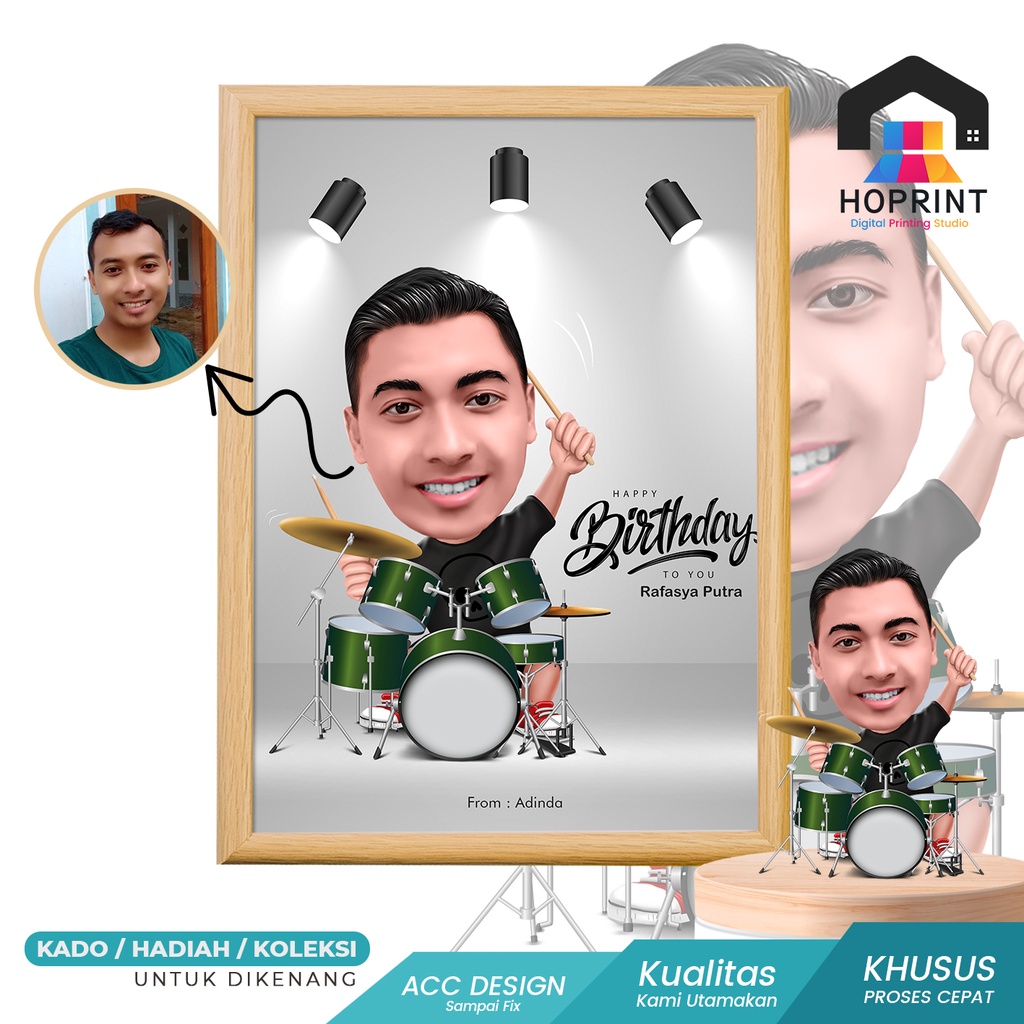 Lukisan Digital KARIKATUR Custom Foto Wajah dan Cetak Bingkai A4 (21 x 30 cm) | Jasa Desain Gambar I