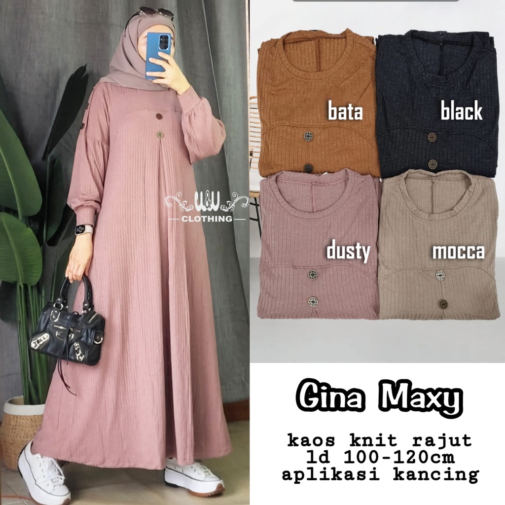 Gamis Maxy Elegan Kekinian Rajut Import  2023 Gina Maxy Bahan Kaos Kni Rajut LD 100-120cm PJ 138cm