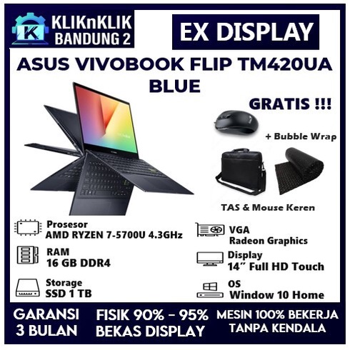 LAPTOP TOUCHSCREEN 2IN1 ASUS VIVOBOOK FLIP TM420UA RYZEN 7 RAM 16GB SSD 1 TB NVME MULUS LIKE NEW