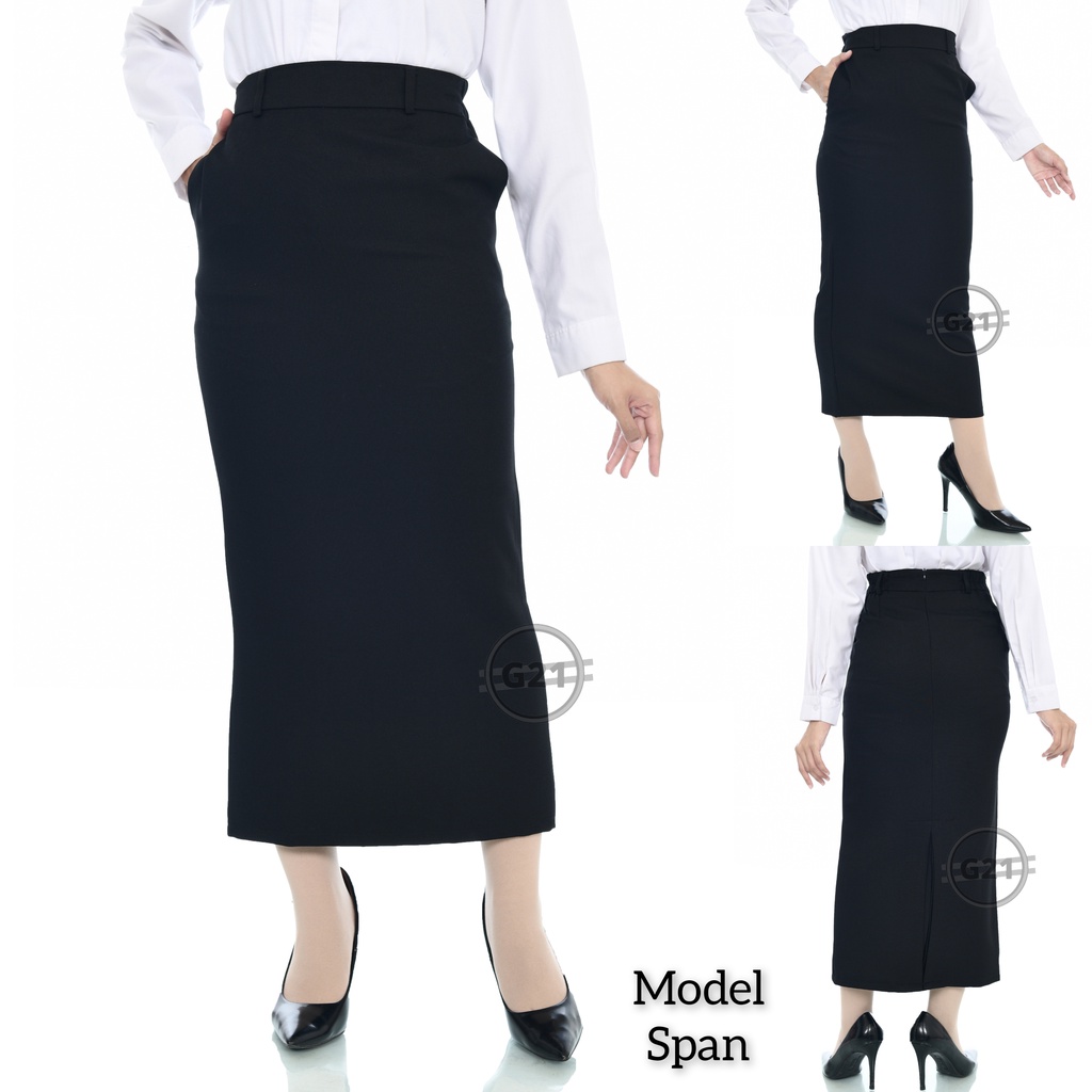 Rok Panjang Hitam Polos Model A line dan Span Pinggang Karet dan Ada Kantong Saku Wanita Bahan Dasar Formal Untuk Kerja Kantor Kuliah Ospek Ukuran Standar dan Jumbo Big size