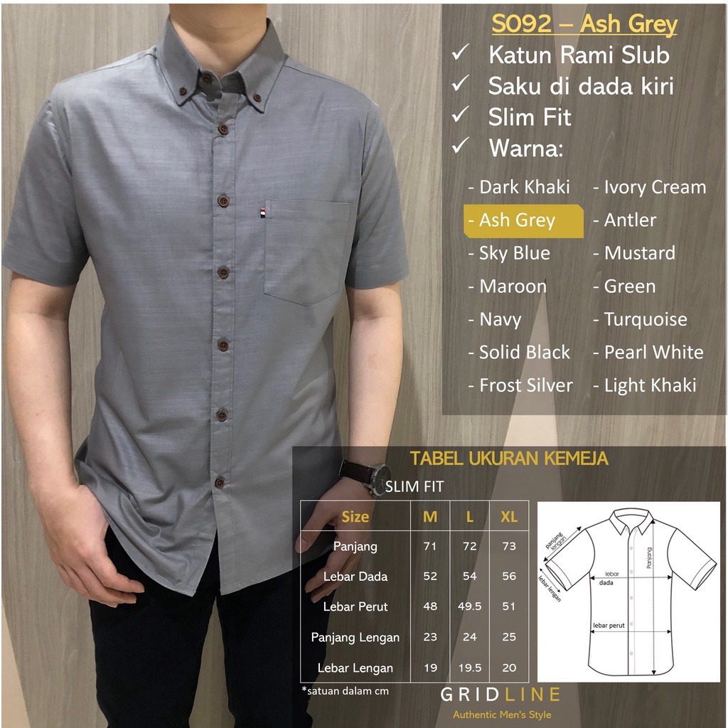 [GRIDLINE - S092 Colorful Premium Basic] Kemeja Pria Polos Slimfit Katun Rami Premium M-XXL