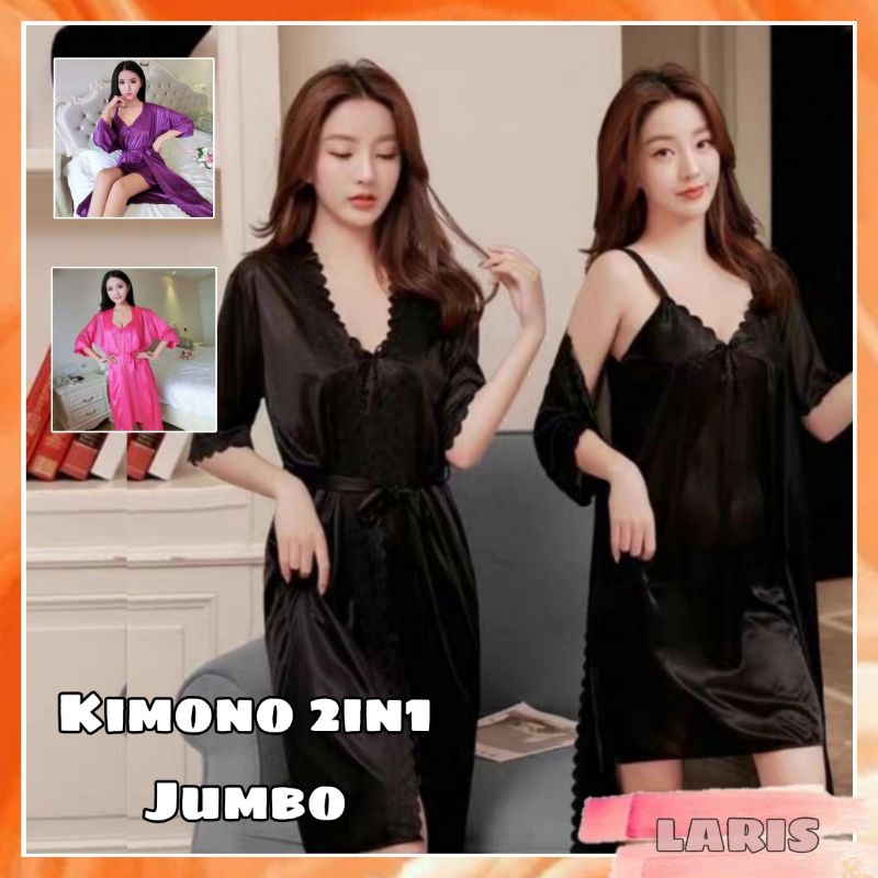 Laris -  Kimono set TRICOT JUMBO wanita XXL / Set 2IN1 kimono lingerie import bahan satin