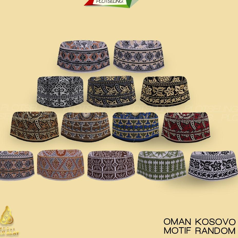 "LTN.18Ja23т" Peci OMAN BANGLADESH Kopiah Motif Full Bordir Kupyah Santri Temboro Dasar Hitam dan Pu