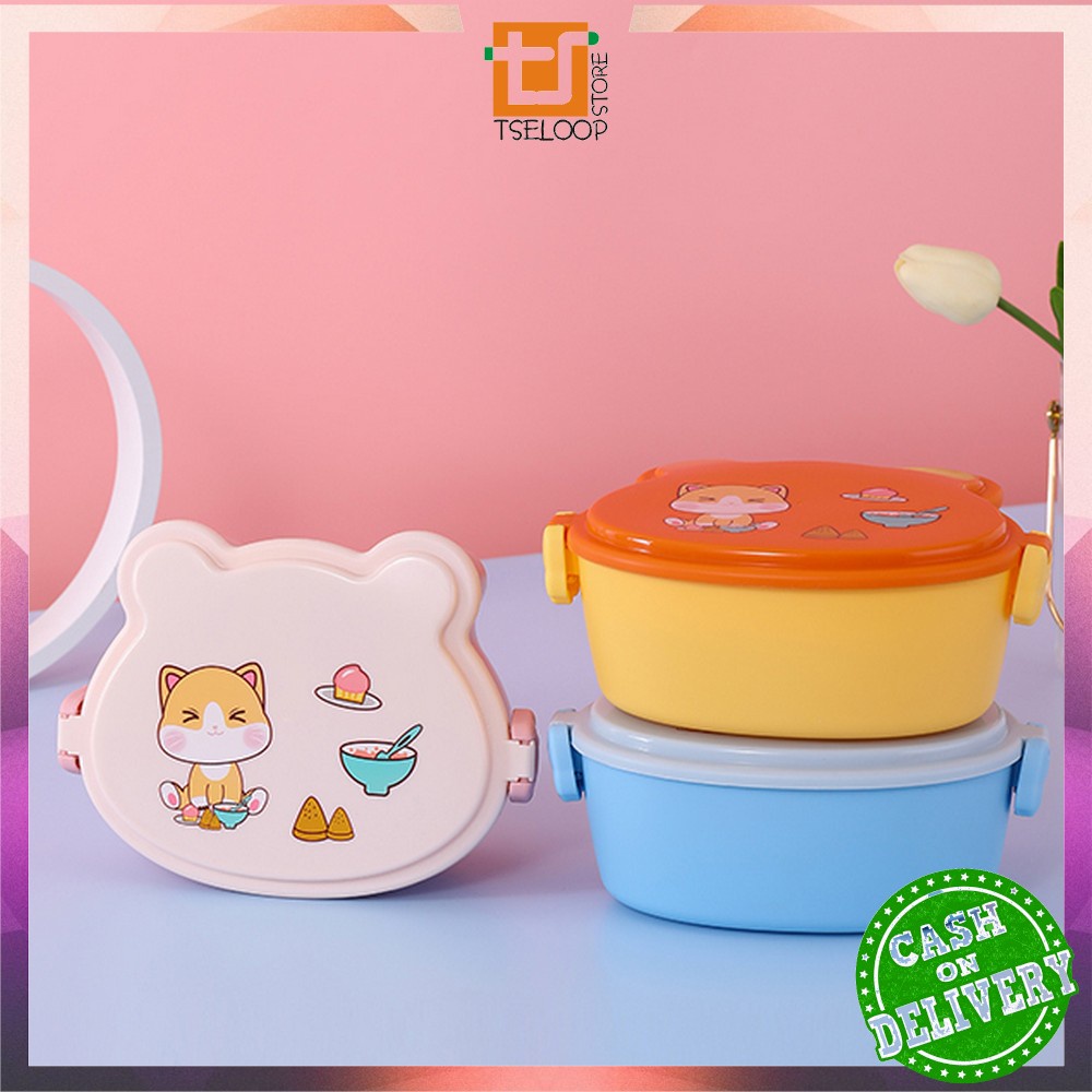 OFM-C777 Kotak Bekal Anak Set Sendok Garpu Motif Cartoon Lucu Lunch Box / Tempat Makan tingkat Anak Karakter Kucing BPA FREE