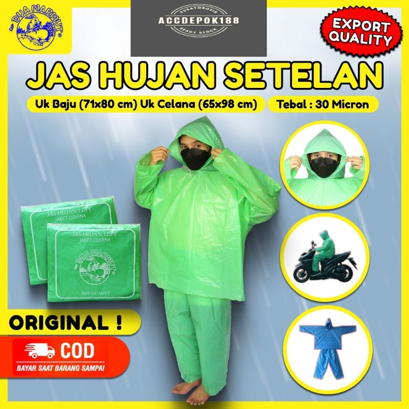 JAS HUJAN SET / PLASTIK JAS HUJAN BAJU + CELANA WARNA BIRU DAN HIJAU MUTU TERJAMIN