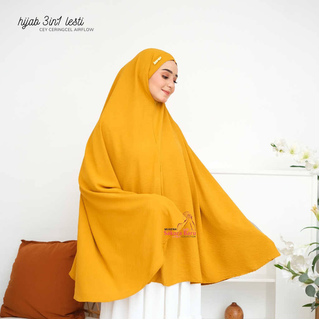 Hijab Sarie Lestie 3 in 1 Red Selting Instant Crincle Airflow Free Bross Warna (Kubus, Hitam, Army, Biru Wardah, Darkbrown, Denim, Greentea, Mocca, Navy, Teracota, Putih) Sakura