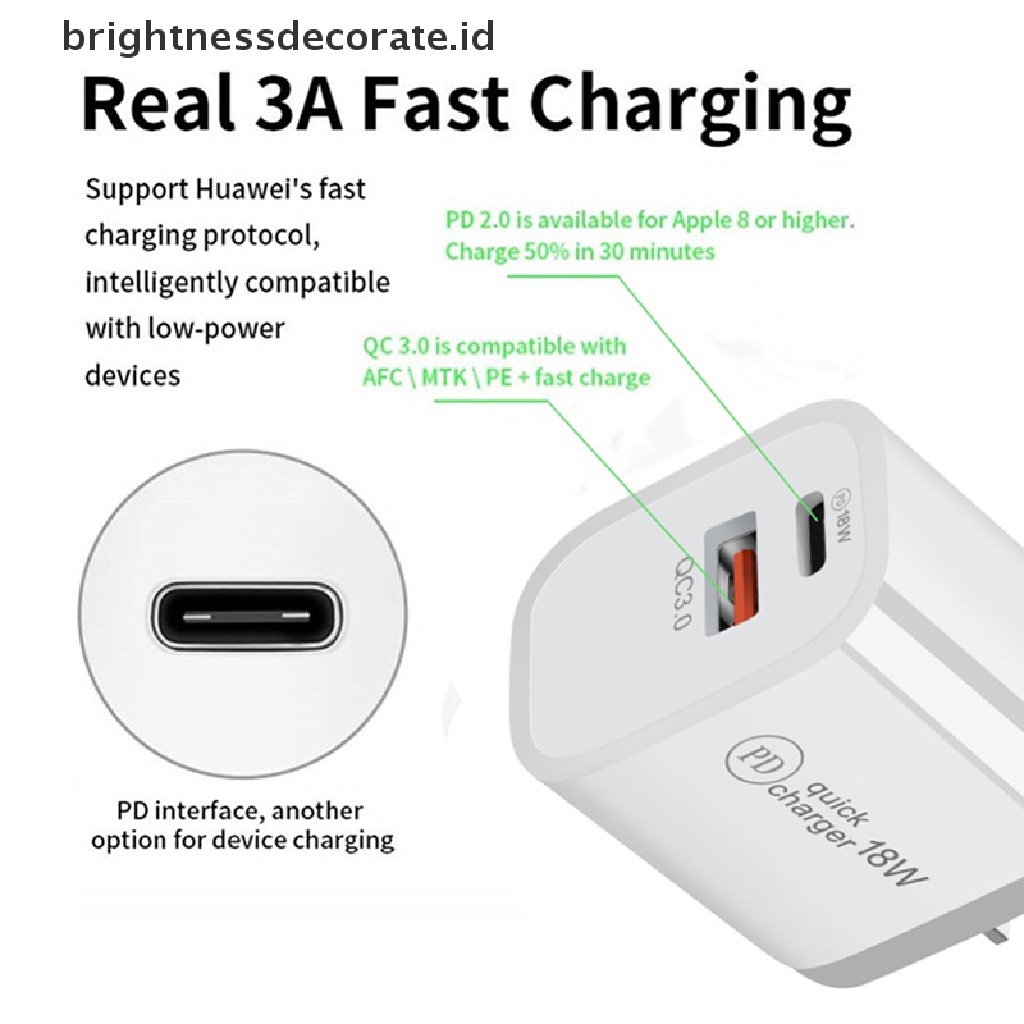 [Birth] 18w Pd Qc 3.0 Dual Usb Charger Quick Charge Eu Us Eu Au Plug Power Adapter [ID]