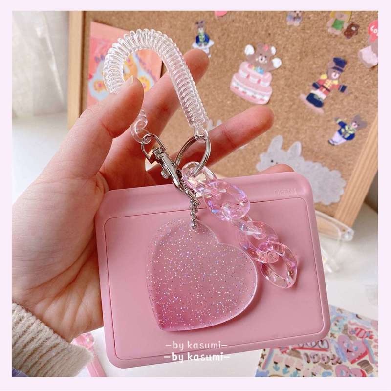 Korea Cream Biru &amp; Pink Card Holder Tahan Air Pelindung Case Ins Shiny Pendant Keychain Untuk Pemegang Kartu Pas Foto Bank ID Bus Kredit