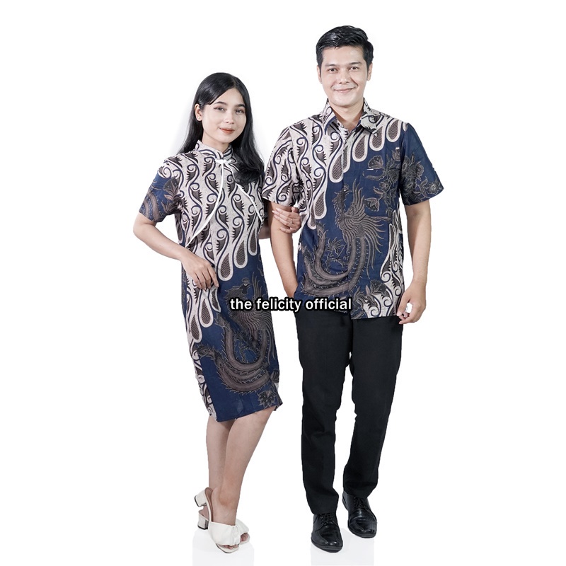 Batik Couple Dress Kemeja Hem Atasan Pria Dan Wanita Motif Merak Biru Viral