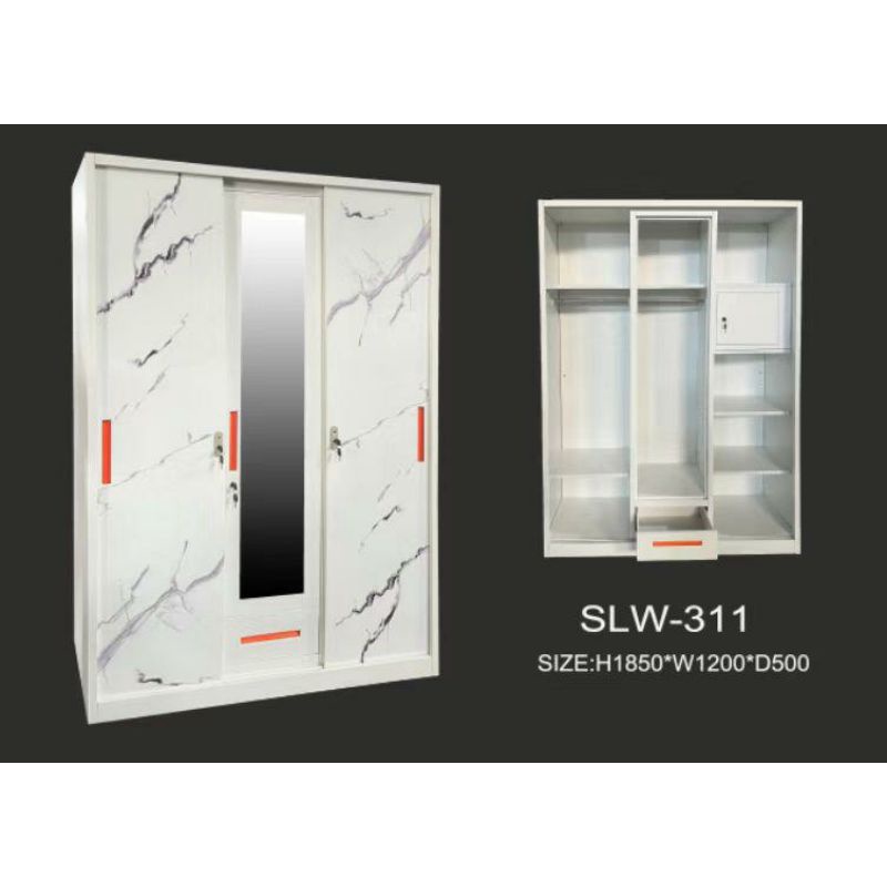 Lemari Baju / Pakaian Besi 3 Pintu Geser / Sliding full kaca laci SLW311 motif marmer