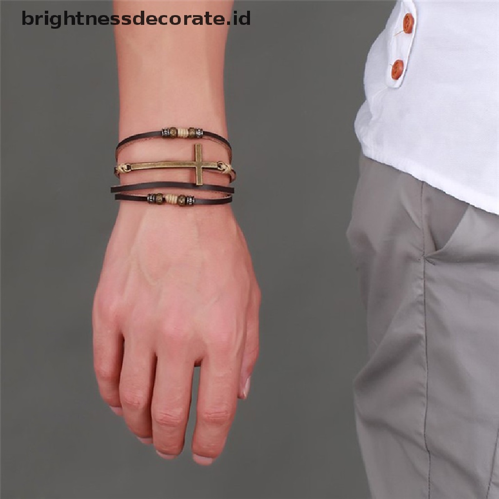 [Birth] Gelang Salib Kulit Gelang Bangles Adjustable Bohemia Rantai Gelang Pria Perhiasan [ID]