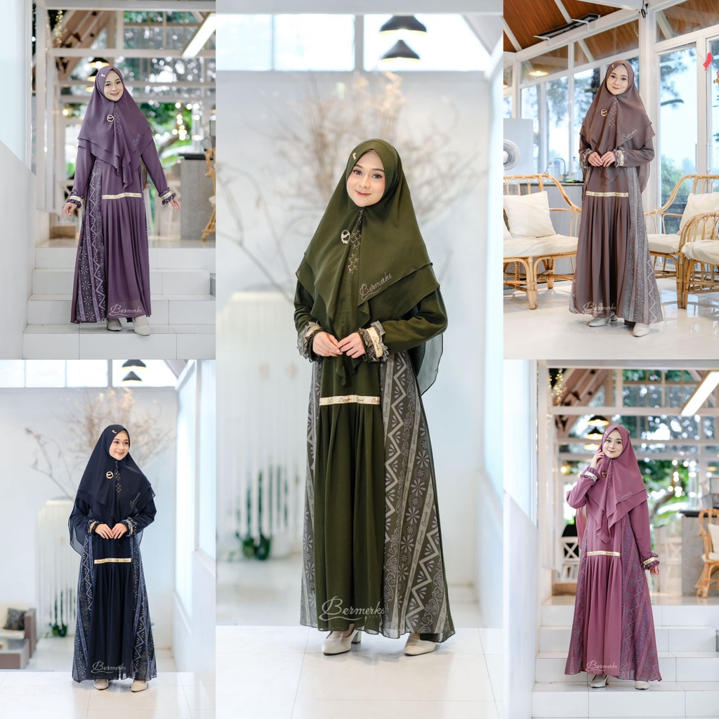 Gamis ceruty babydoll set Khimar Kanaya bermerks Zemima Alesa Permata motif printing Salur Berlian hijab syari Seruti ultimate grosir