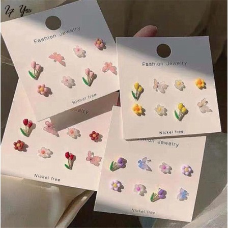 【Bayar di tempat】Set Anting Stud Desain Bunga Kupu-Kupu Hati Mutiara Untuk Aksesoris Perhiasan Wanita